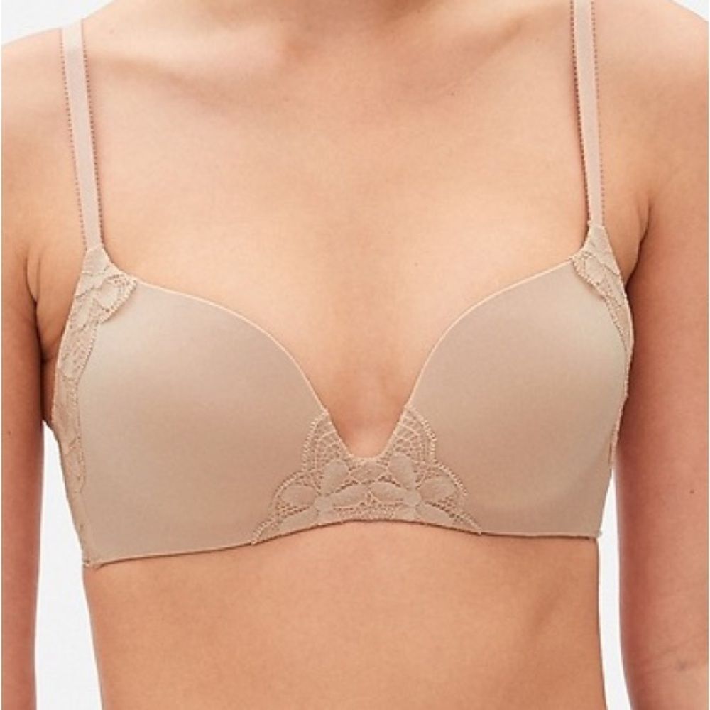 New Gap Pretty Lace Wireless Uplift Bra Tan Sz. 34D Push Up